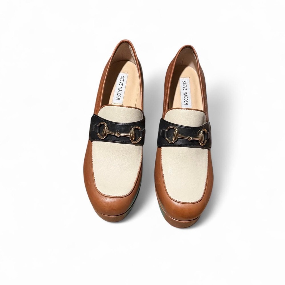 Steve Madden Tan, Cream, and Black platform loafer heels - Picture 2 of 5